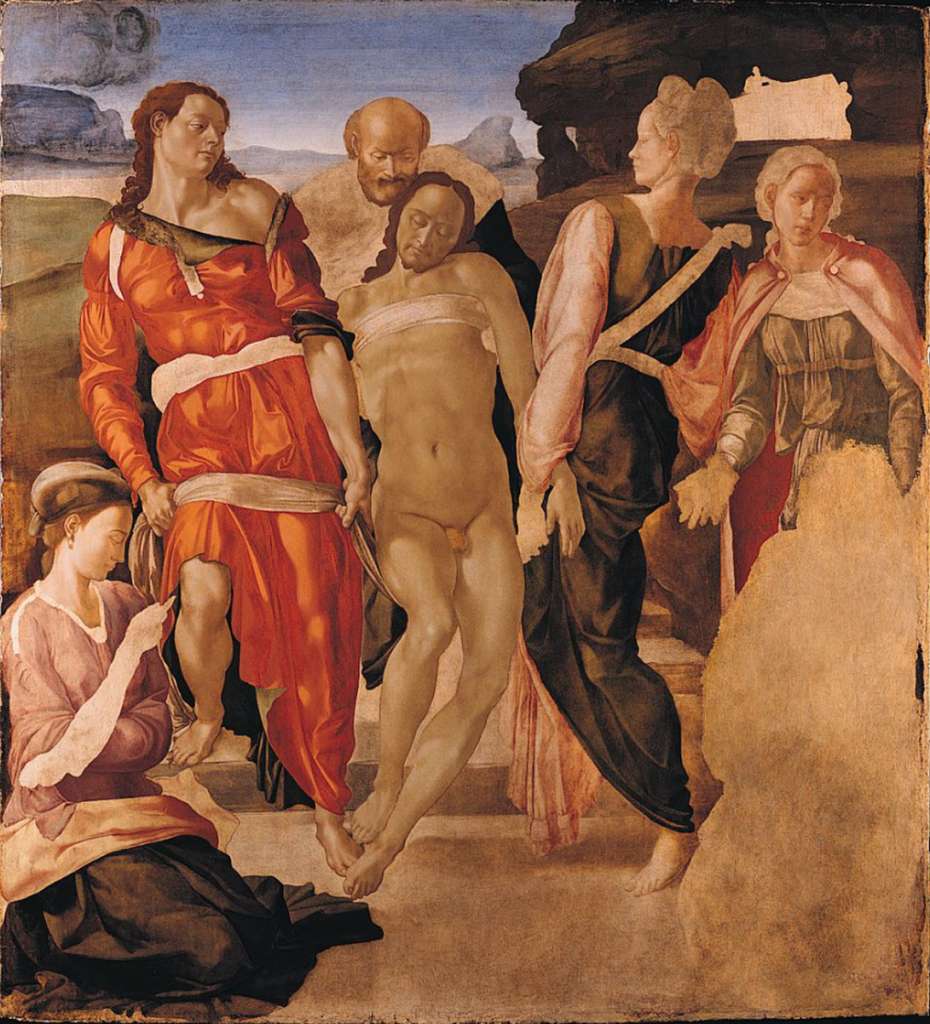 London National Gallery Top 20 07 Michelangelo - The Entombment Michelangelo - The Entombment 1500-1, 162 x 150 cm. Michelangelo abandoned this painting when he left for Florence in the spring of 1501. The theme of Christ�s body being lifted up, prior to being carried to the tomb, is combined with the motif of the dead Christ presented to the viewer for pious meditation. Even at this late stage, however, Michelangelo still omits the wounds in Christ�s hands, feet and side. Christ is supported on the left by the long haired St. John the Evangelist in his canonical red gown. The others are probably Nicodemus, and Joseph of Arimathaea who gave up his tomb for Jesus. The figure kneeling below St. John is probably Mary Magdalene, who is shown meditating on the crown of thorns and the nails of the Crucifixion. The woman at the back right is a Holy Woman (Mary Salome). The missing figure on the lower right was to be the Virgin Mary mourning her son.